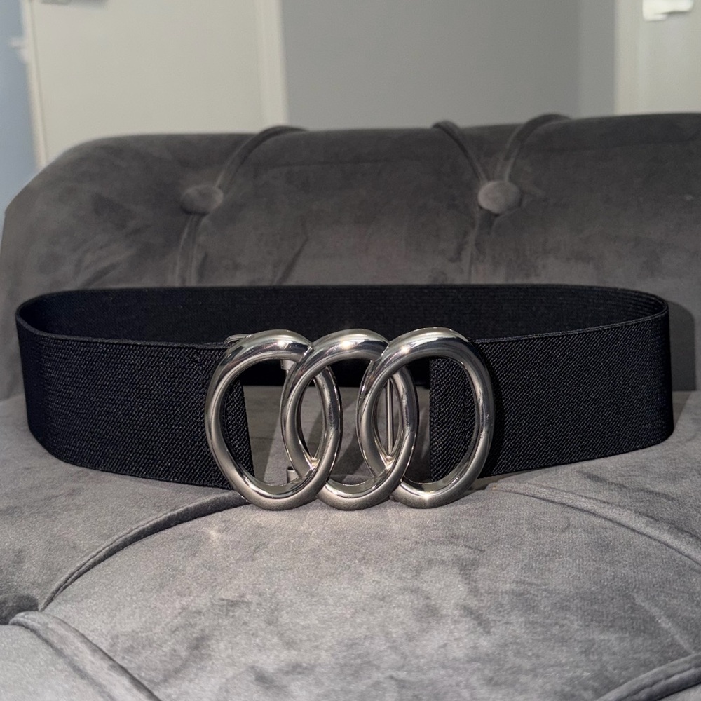 Elegant Stretchy Elastic Black Stylish Waist Belt with Silver Rings